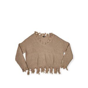 Fashion Nova Women's 2X Distressed Fringed V-Neck Knit Sweater Tan Tan Crop